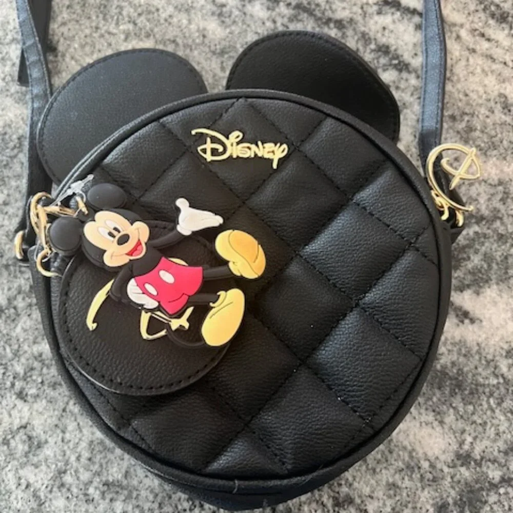 Disney Mickey Mouse quilted crossbody kid bag black 3D ears character charm gold